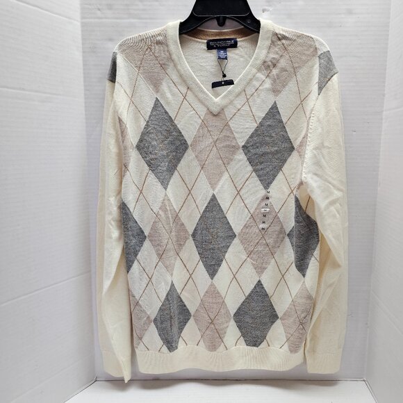 New Roundtree & Yorke Mens Cotton V Neck Sweater Argyle Beige Gray Cream M - Picture 1 of 10